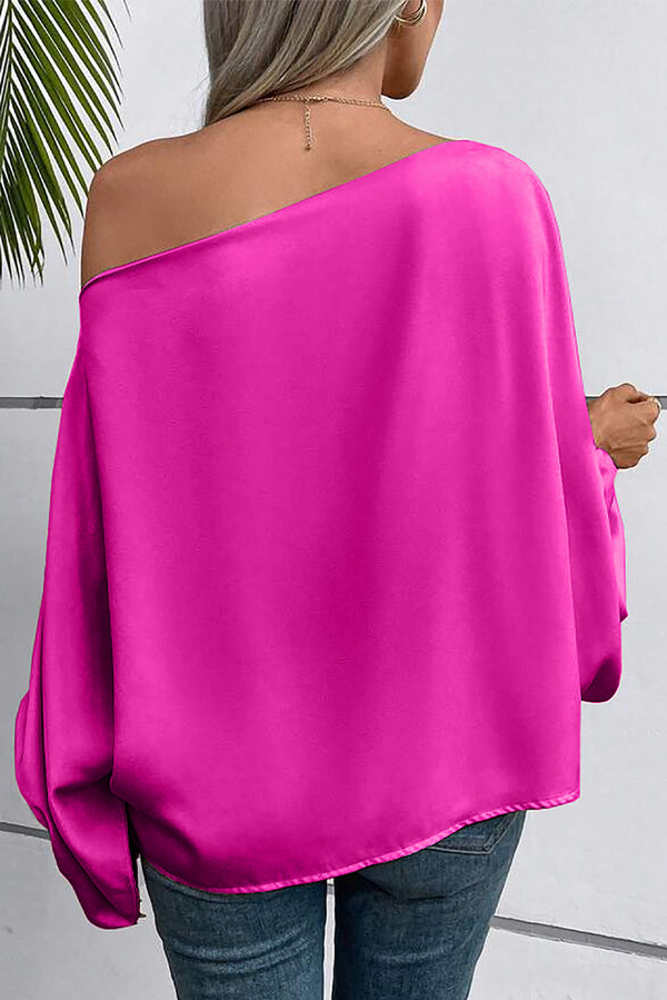 Women's Hot Pink Top Off The Shoulder Asymmetrical Neck Balloon Sleeve Satin Long Sleeve Blouse