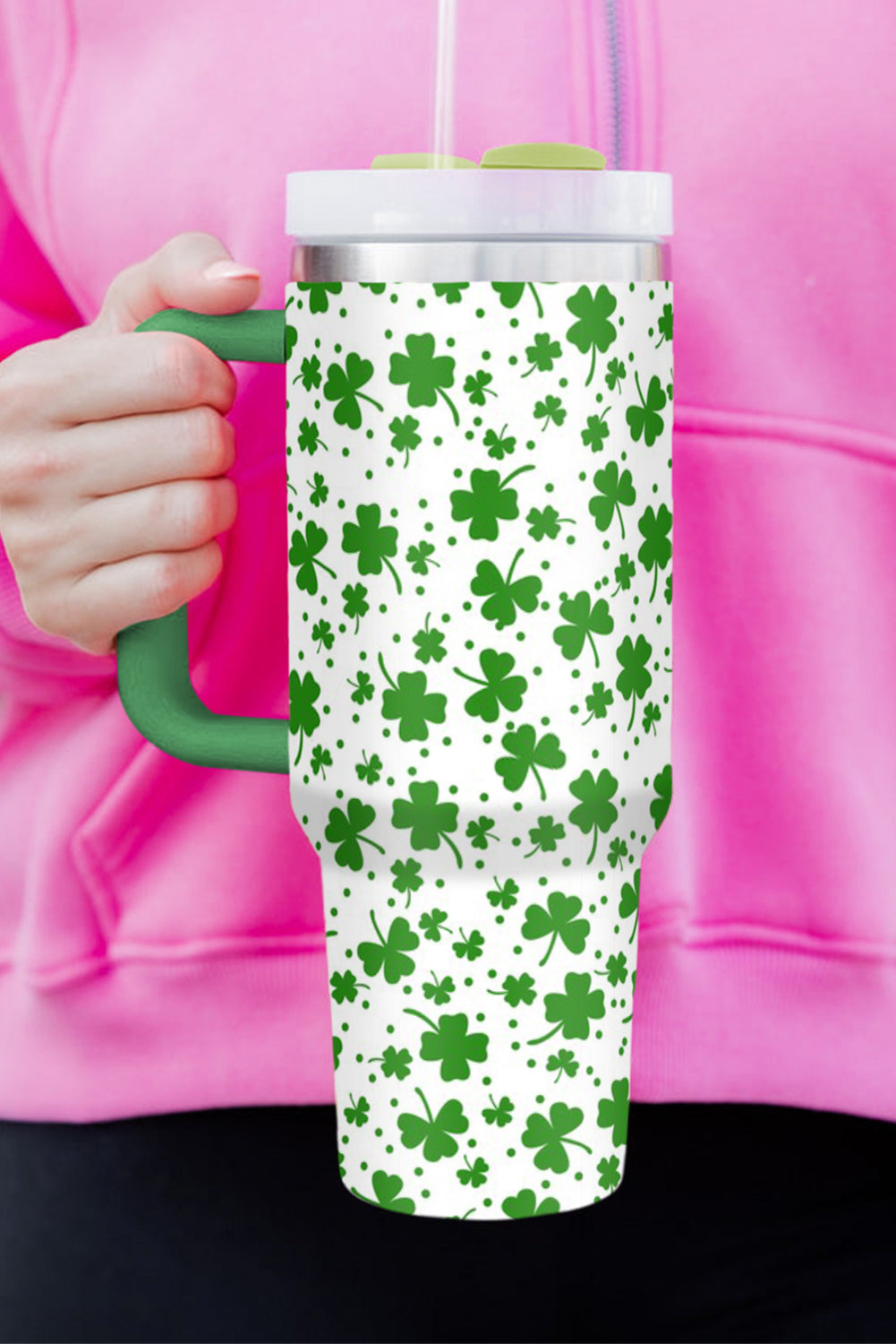 Dark Green Clover Print Thermos Cup with Handle 40oz St Patrick's Day Gifts Clover Design