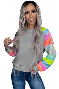 Women’s Fashion Sweater Gray Sequin Color Block Long Sleeve Pullover Sweatshirt