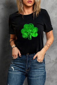 St Patricks Day Shirt Ladies Black Sequin Clover Embroidered Round Neck Graphic Tee Women's St Patty's T Shirt