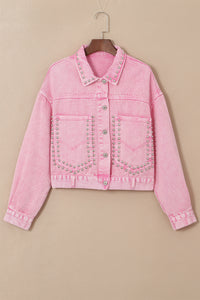 Pink Denim Jacket 100% Cotton Premium Luxury Fashion Women’s Rivet Studded Pocketed Light Pink Denim Jacket