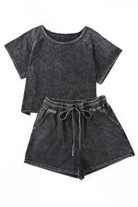 Matching outfit Set T-shirt and shorts Black Acid Washed Shorts and T shirt fashion set Top and Shorts Outfit