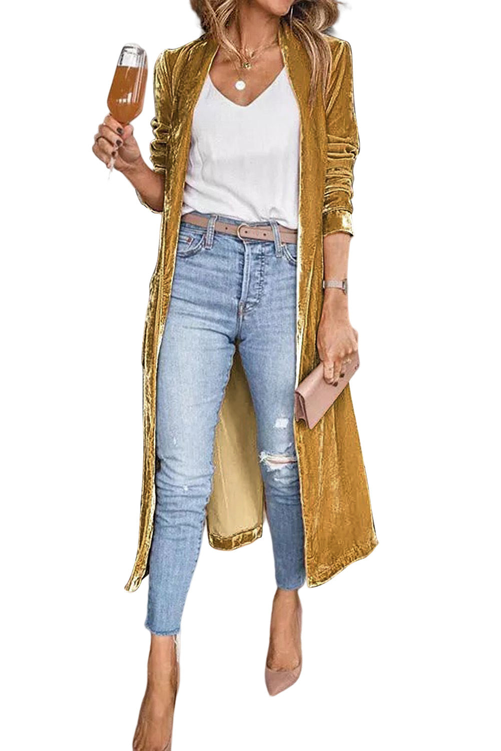 Womens Yellow Velvet Open Front Sweater Pocketed Long Cardigan Kimono