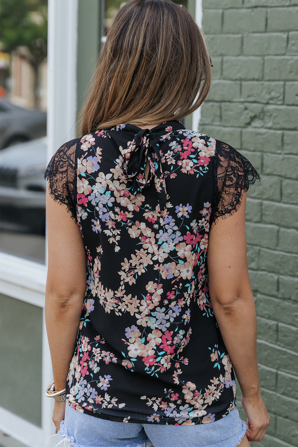 Short Sleeve Shirt Black Dainty Floral Print Lace Sleeve Blouse