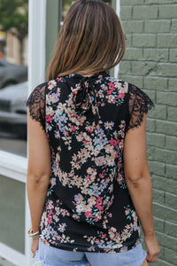 Short Sleeve Shirt Black Dainty Floral Print Lace Sleeve Blouse