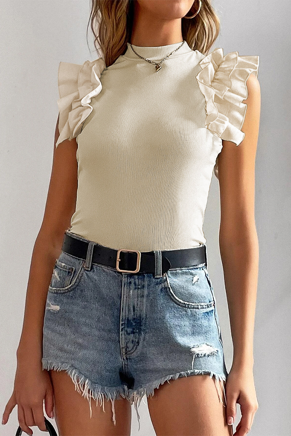 Womens Shirt Beige Ruffle Flutter Sleeve High Neck Ribbed Blouse