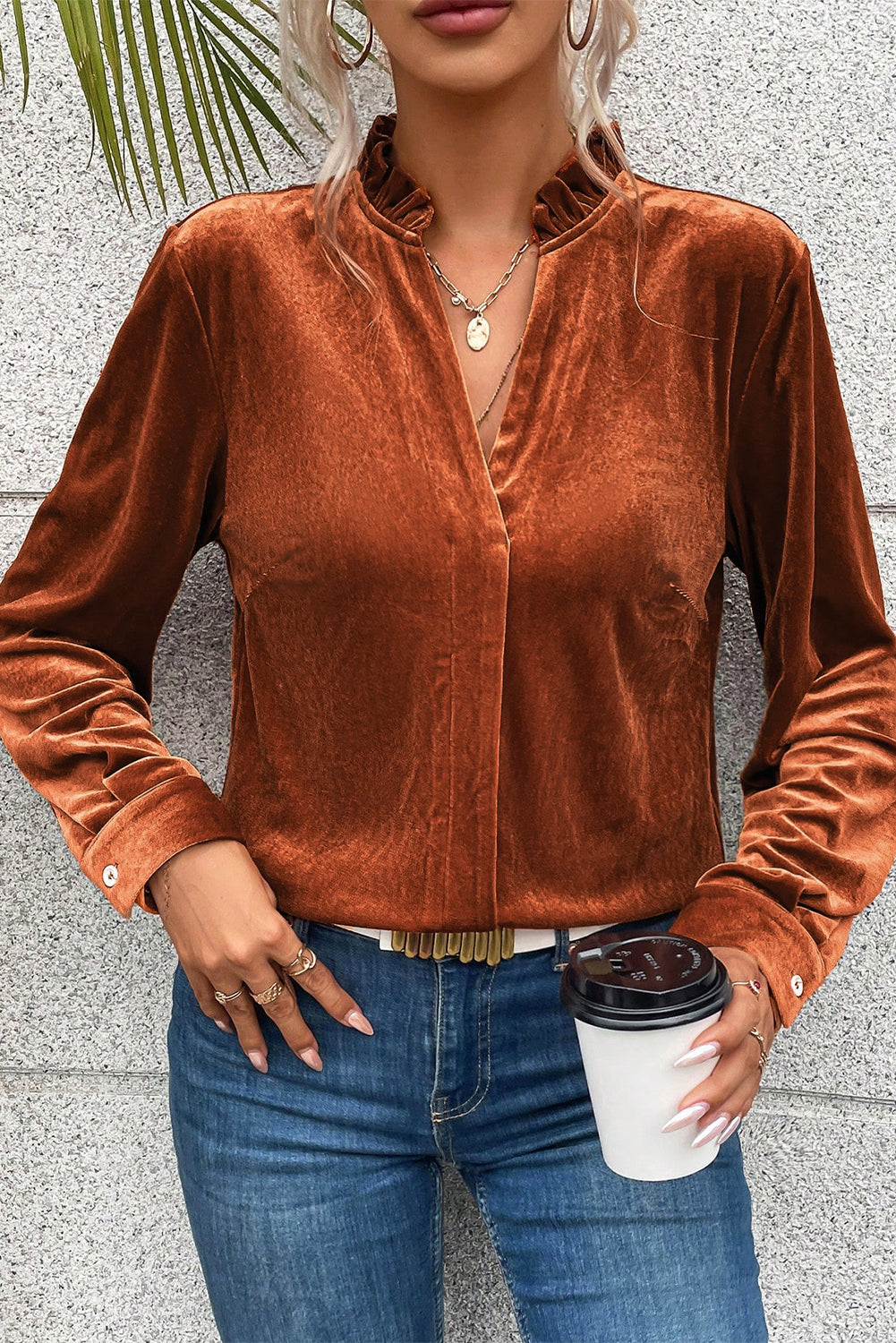 Gold Flame Frilled Collar Velvet Shirt