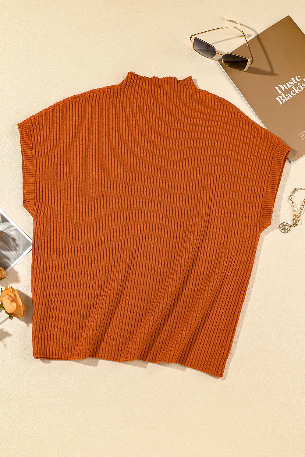 Women’s Golden Brown Sweater Top Patch Pocket Ribbed Knit Short Sleeve Sweater