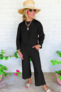 Black Solid Quilted Pullover and Pants Outfit 2 piece fashion set Casual womens clothing