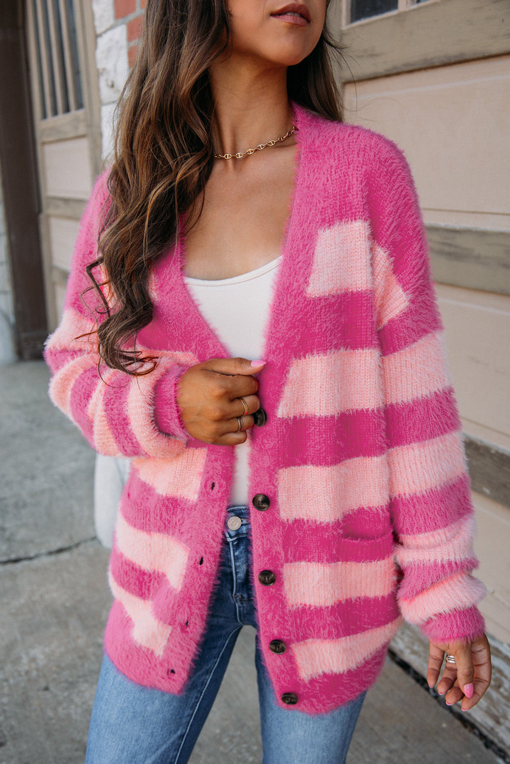 Strawberry Pink Colorblock Striped Buttoned Fuzzy Cardigan Sweater