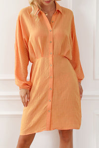 Orange Long Sleeve Short Dress Casual Textured Button Front Cinched Waist Mini