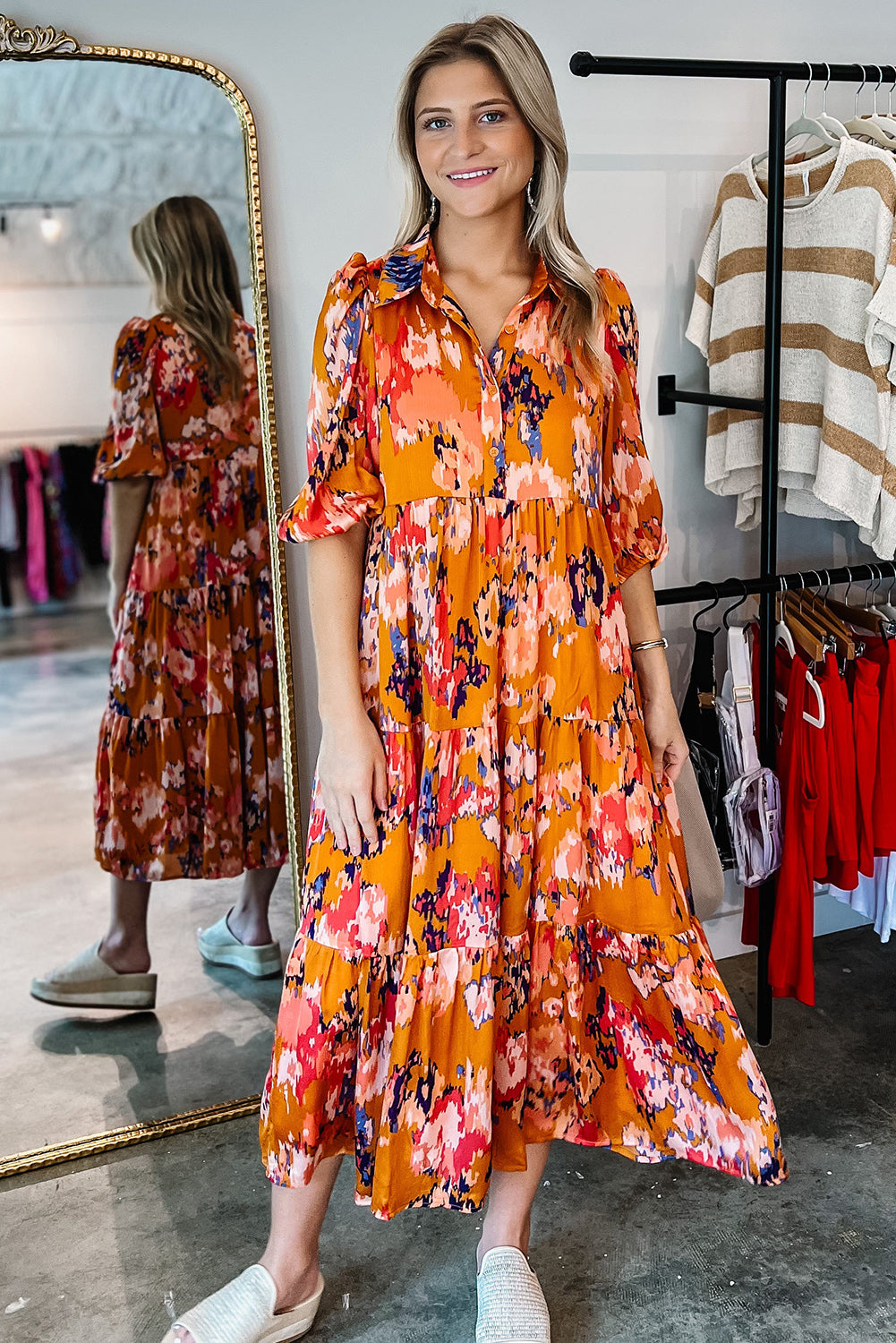 Orange Abstract Print Pleated Half Sleeve Buttoned Maxi Dress