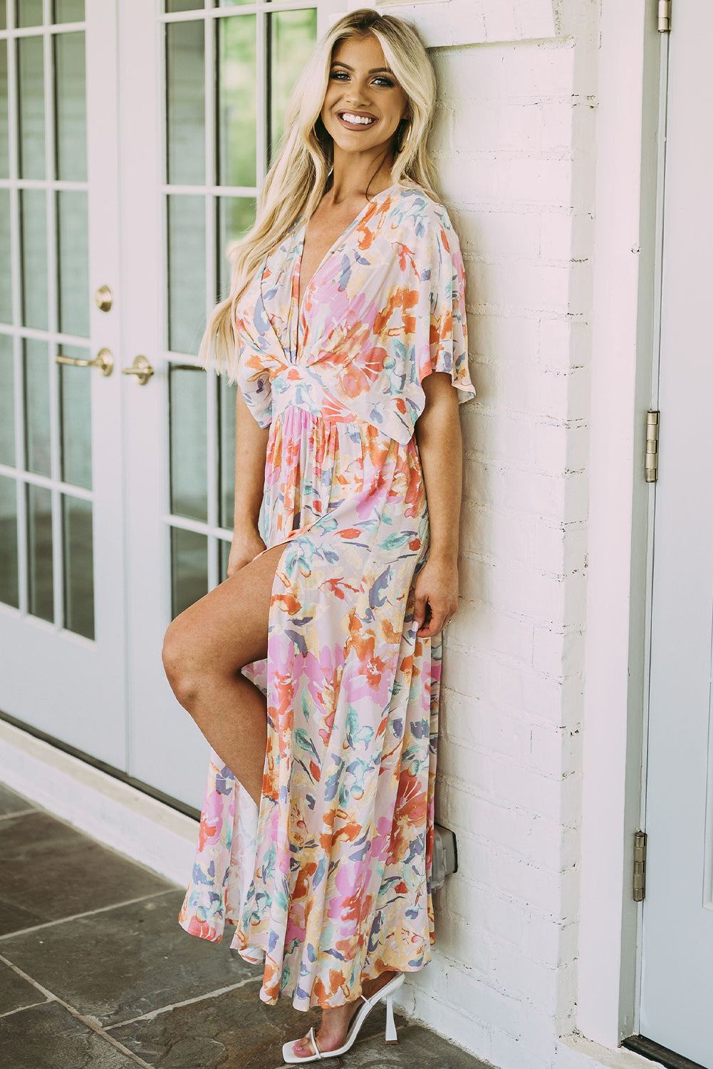 Women’s Long Beach Dress Boho Multicolor Tropical Floral Print Ruched V Neck Loose Sleeve Flowy Maxi Dress