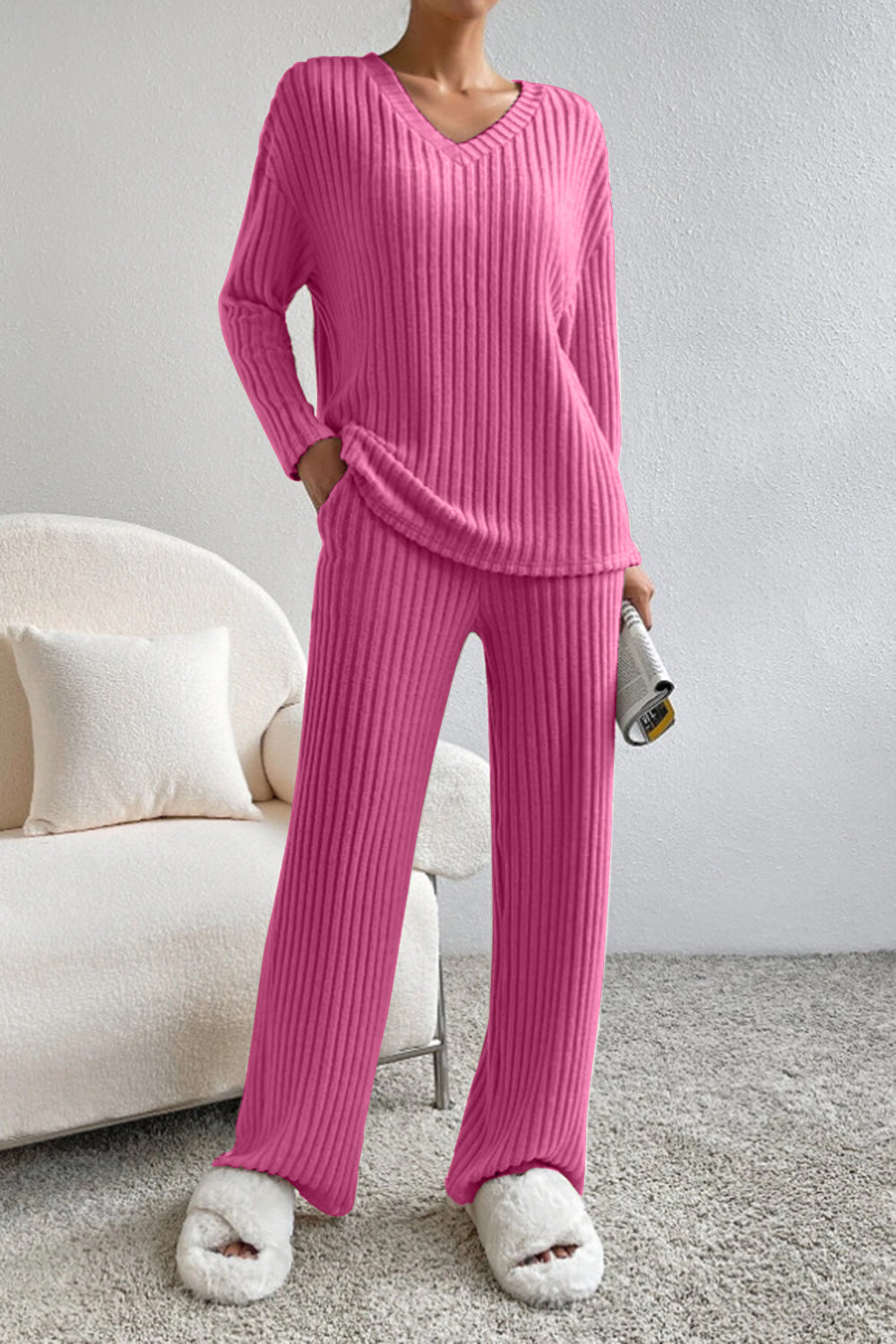 Women's comfortable Loungewear Set Pajamas  Ribbed V-Neck Top and Pants Set