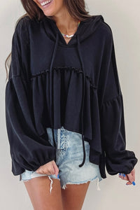 Black Oversized Ruffled High Low Hem Drop Shoulder Hoodie