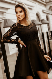 Black Long Sleeve Lace High Low Long Sleeve Satin Evening Dress