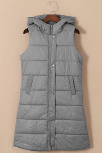 Dark Grey Hooded Long Quilted Vest Coat