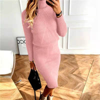 High necked knitted solid color pullover sweater set skirt