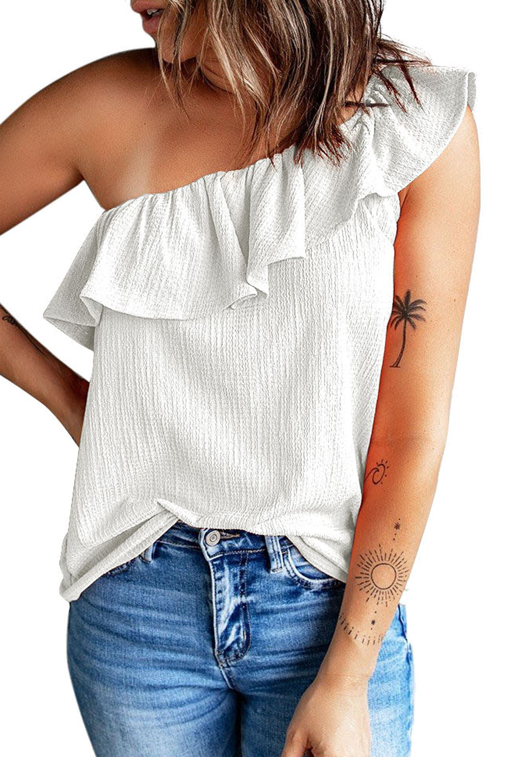 Women’s Off The Shoulder Top White Ruffle One Shoulder Crinkle Tank