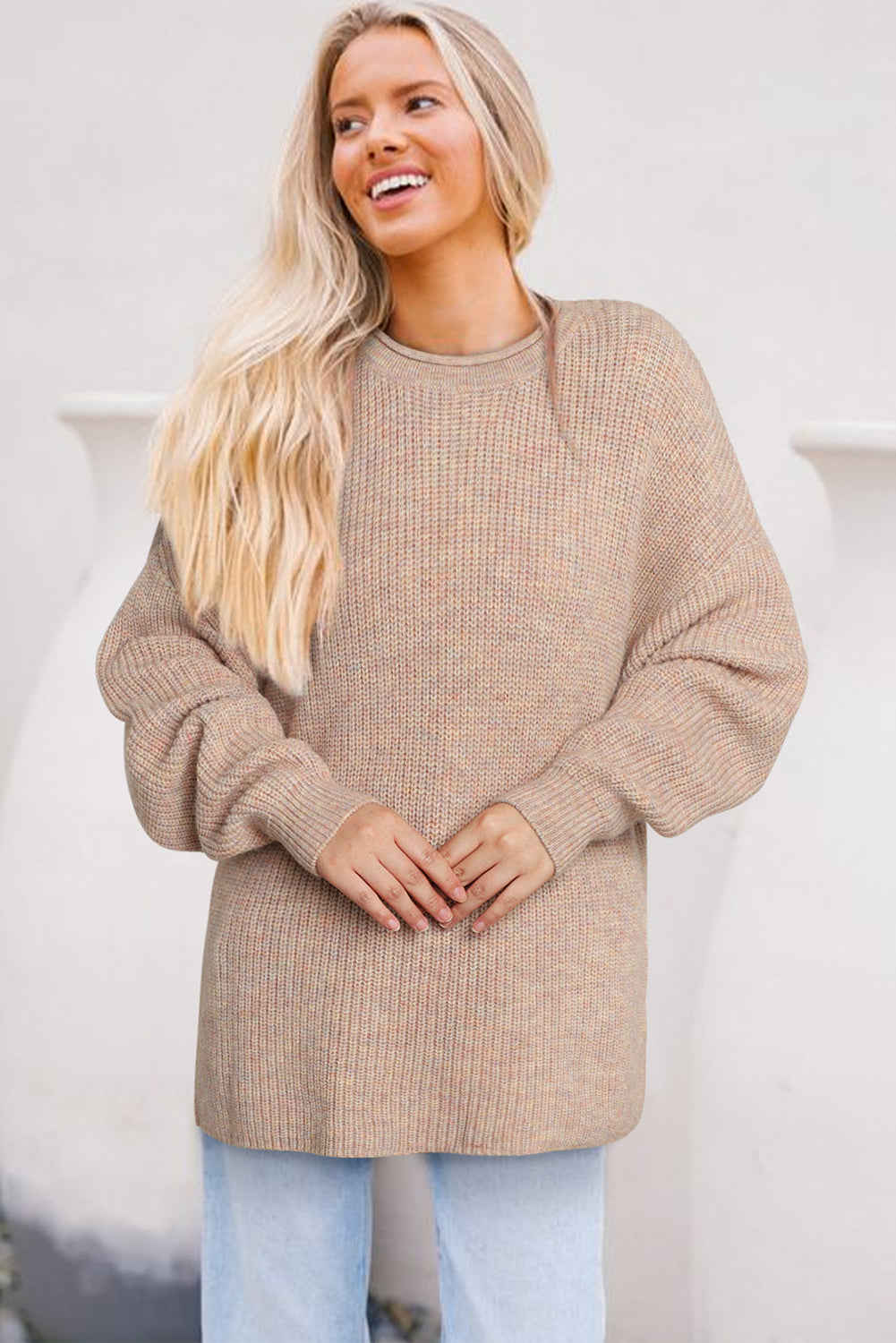 Multicolor Rolled Round Neck Drop Shoulder Sweater