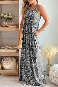 Gray Leopard Print Pocketed Sleeveless Maxi Dress