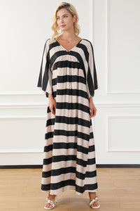 Black V Neck Kimono Sleeve Black and White Striped Maxi Long Dress