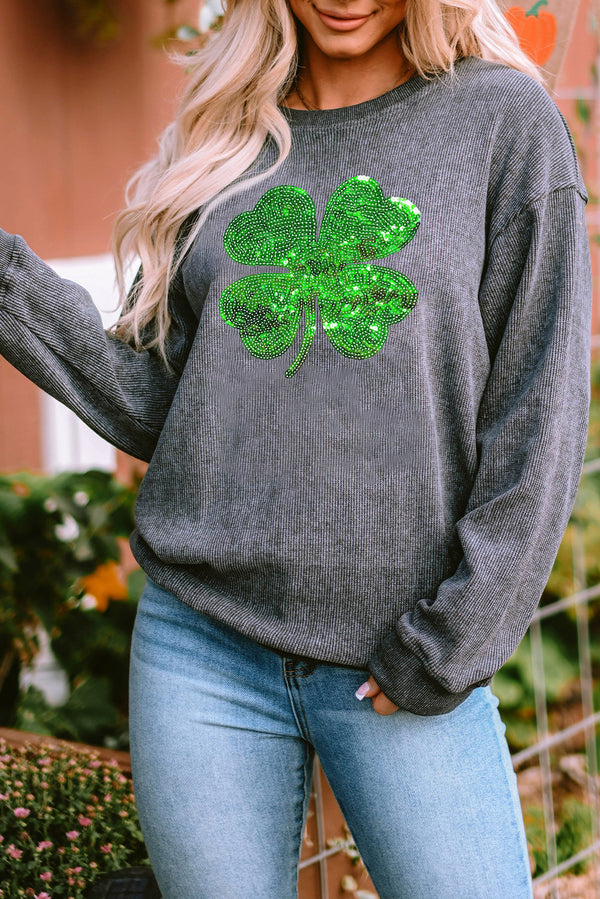 Gray Sequin St Patrick Clover Patch Corded Sweatshirt