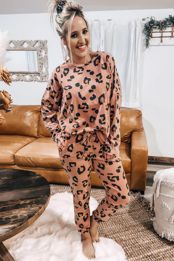 Pale Chestnut Leopard Long Sleeve Top and Drawstring Pants Set Loungewear Pajamas