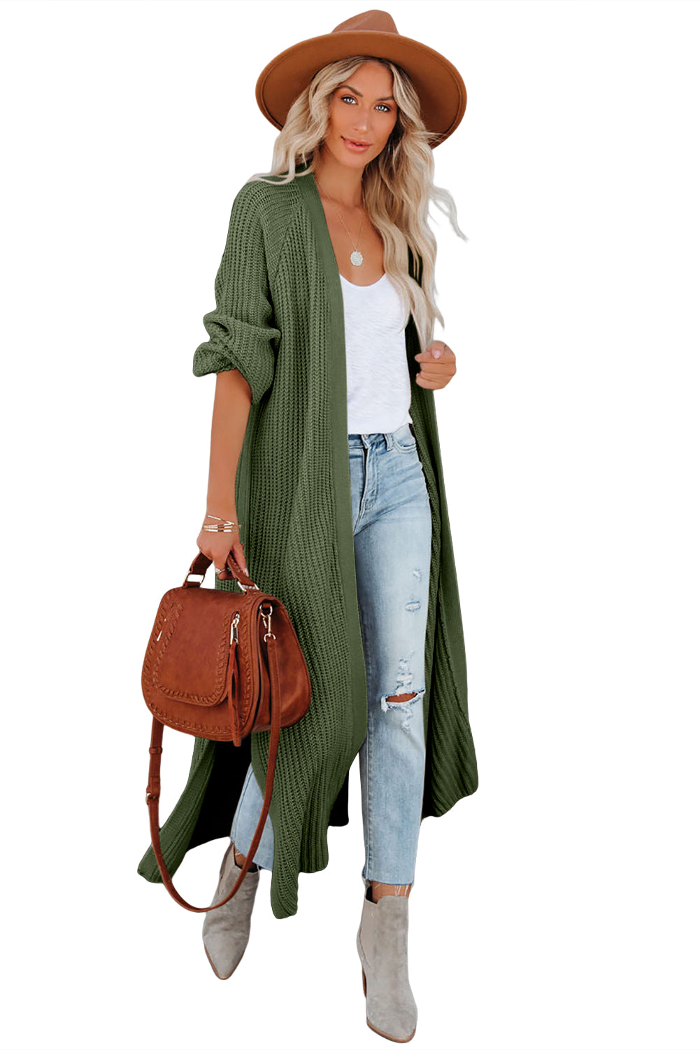 Green Open Front Side Slit Duster Knit Long Sweater Cardigan