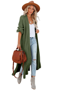 Green Open Front Side Slit Duster Knit Long Sweater Cardigan