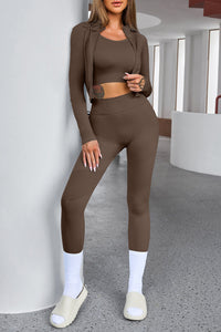 Brown Ribbed Knit 3pcs Sports Set Yoga Gym Outfit Set