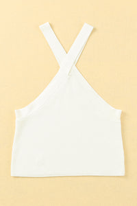 White Ribbed Knit Criss Cross Halter Neck Tank Top