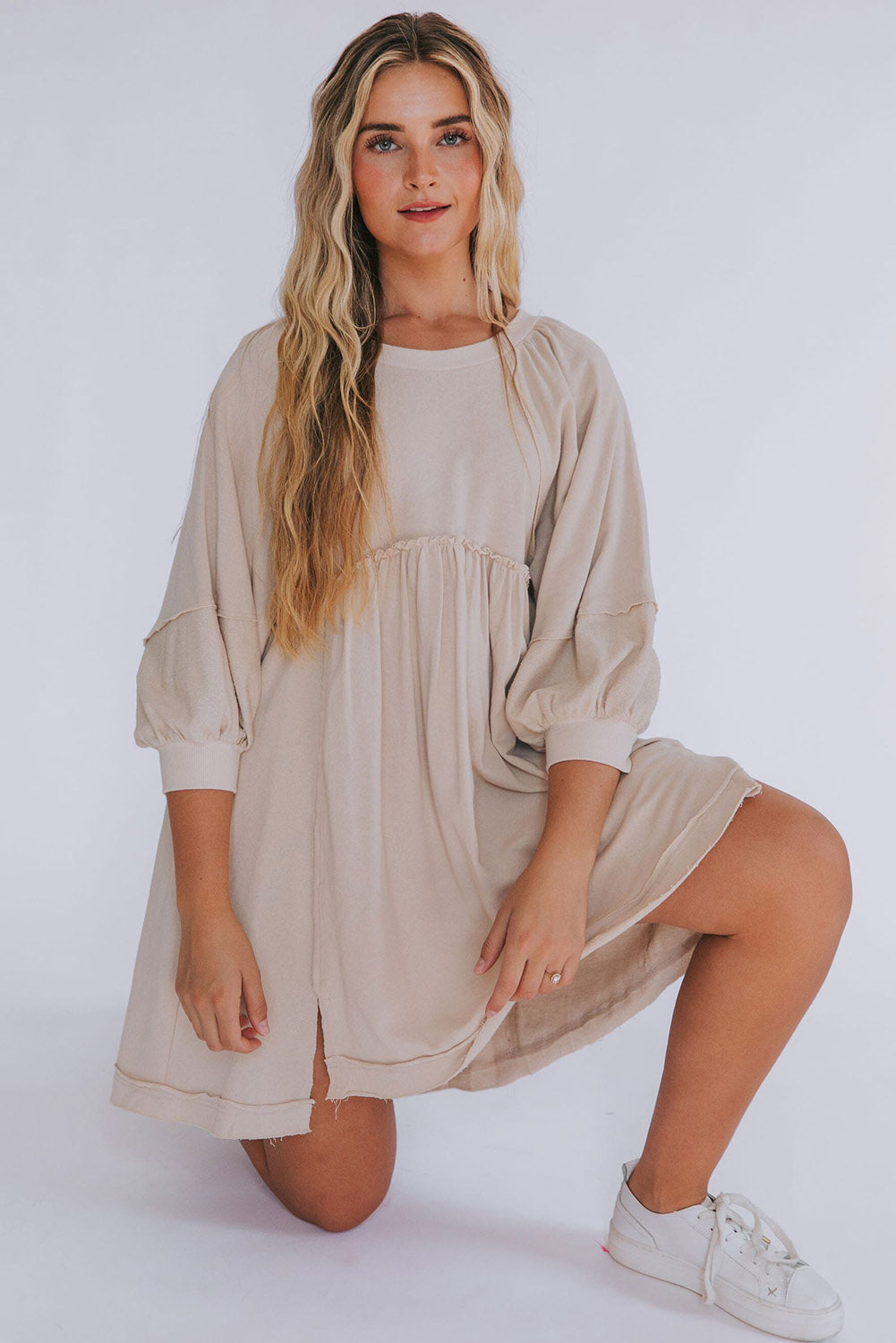 Oatmeal Dress 3/4 Sleeves High Waist Slits Short & Casual Dresses