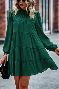 Green Puff Sleeve Mock Neck Back Knot Tiered Dress