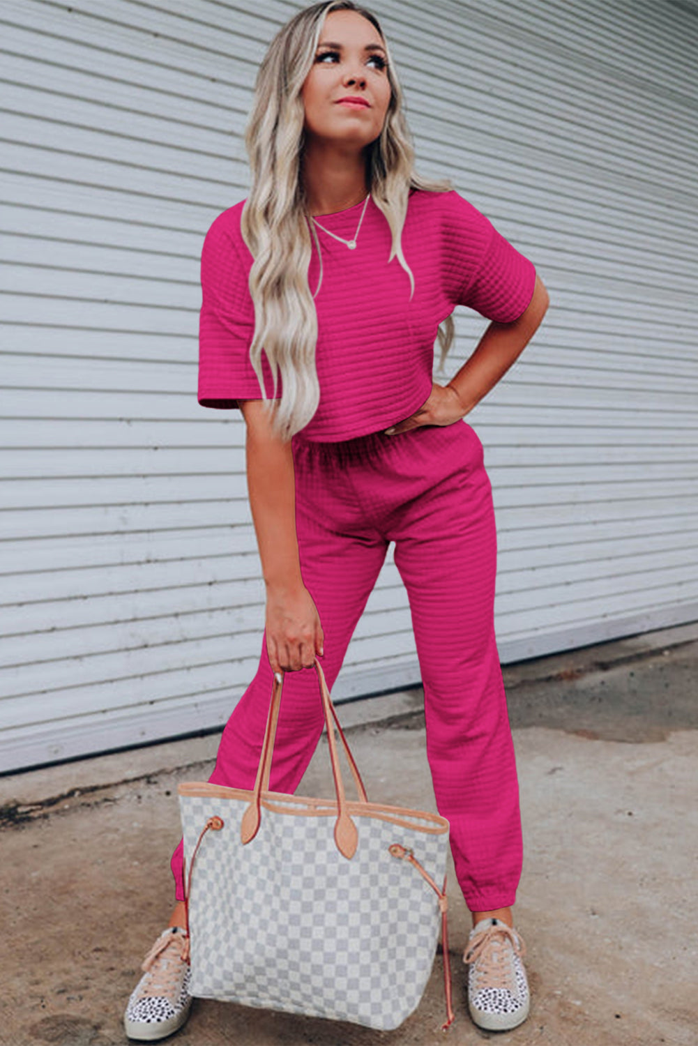 Women's Pink Lattice Textured Cropped Tee and Jogger Pants Set Fashion Outfits