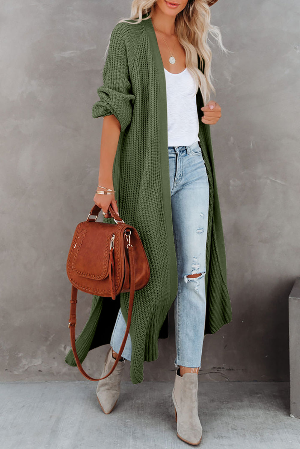 Green Open Front Side Slit Duster Knit Long Sweater Cardigan