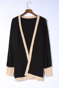 Black Contrast Trim Open Front Lantern Sleeves Cardigan