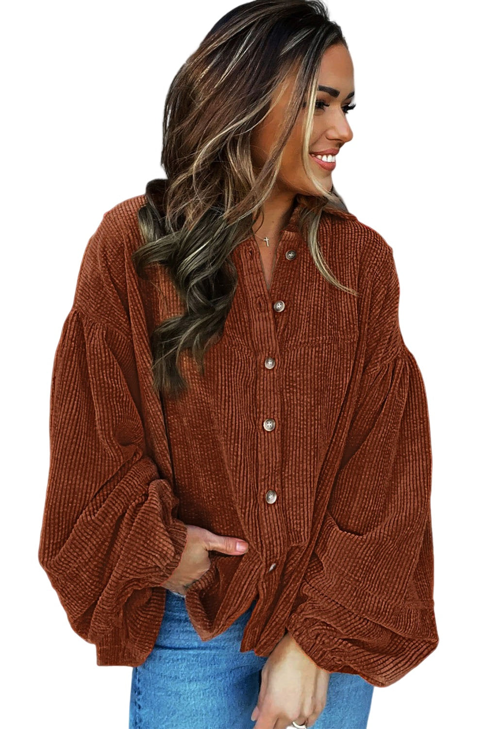 Long Sleeve Shirt Top Ribbed Coffee Textured Corduroy Puff Sleeve Shacket