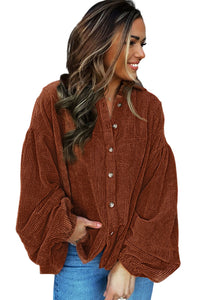 Long Sleeve Shirt Top Ribbed Coffee Textured Corduroy Puff Sleeve Shacket