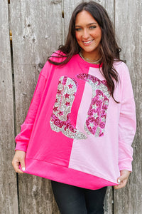 Pink Color Block Sequined Cowgirl Boots Graphic Sweatshirt Fashion Sweater