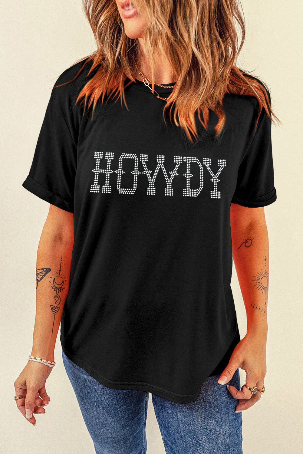 Black HOWDY Rhinestone Slim Fit Crew Neck T Shirt Ladies Casual Black Blouse