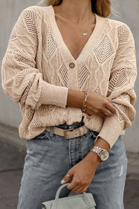 Fashion Open Sweater Apricot Plus Size Knitted Hollow out Button up Cardigan