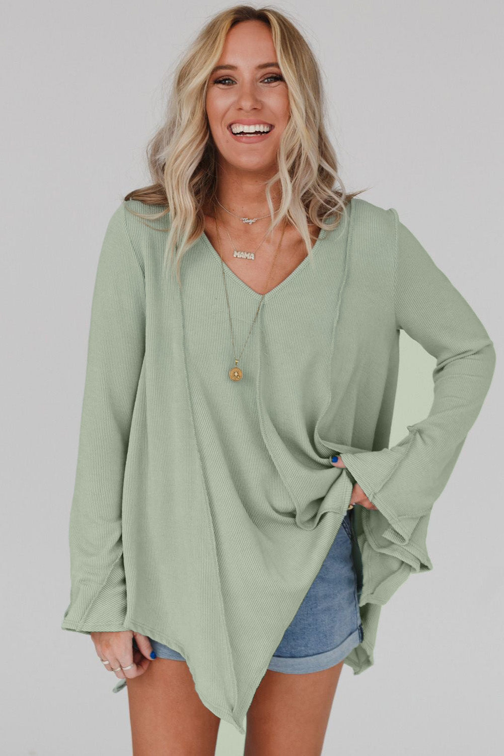 Green Ribbed Expose Seam Bell Sleeve Top