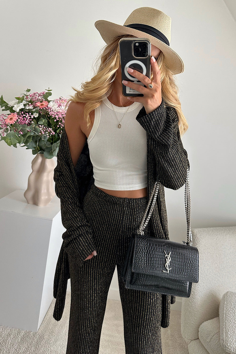 Black Metallic Ribbed Cardigan and Flare Pants Outfit