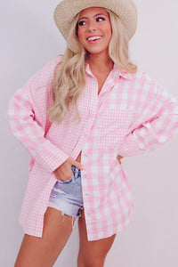 Women's Fashion Top Pink Mix Checked Patchwork Long Sleeve Shirt