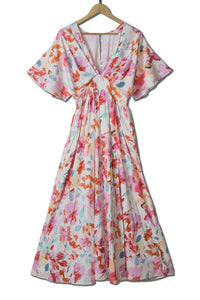 Women’s Long Beach Dress Boho Multicolor Tropical Floral Print Ruched V Neck Loose Sleeve Flowy Maxi Dress