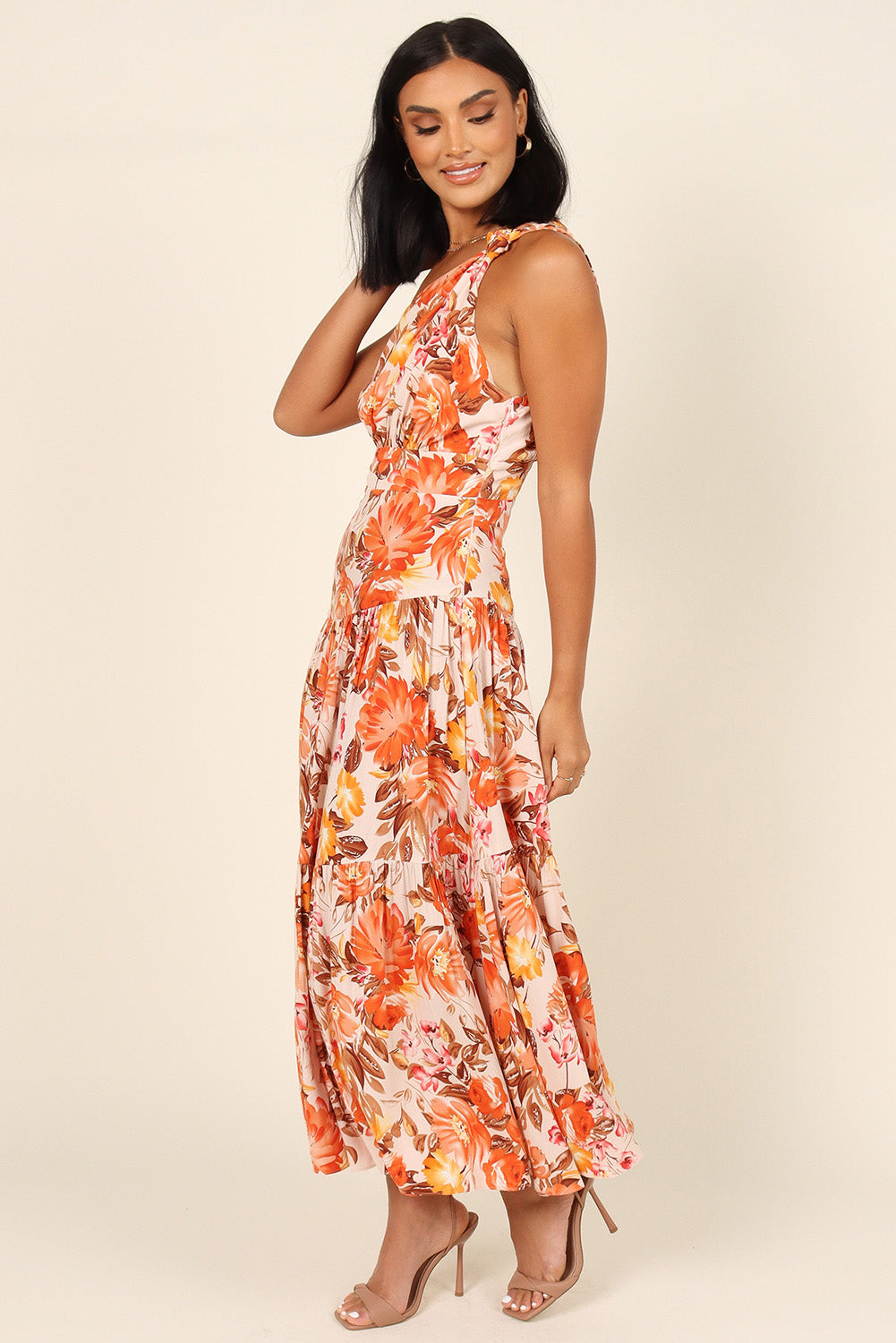 Womens Vacation Dress Orange Floral Print Pleated One Shoulder High Waist Maxi Dress