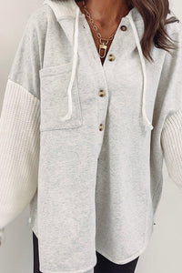 Women’s Long Sleeve Shirt Gray Button Up Contrast Knitted Sleeves Hooded Jacket