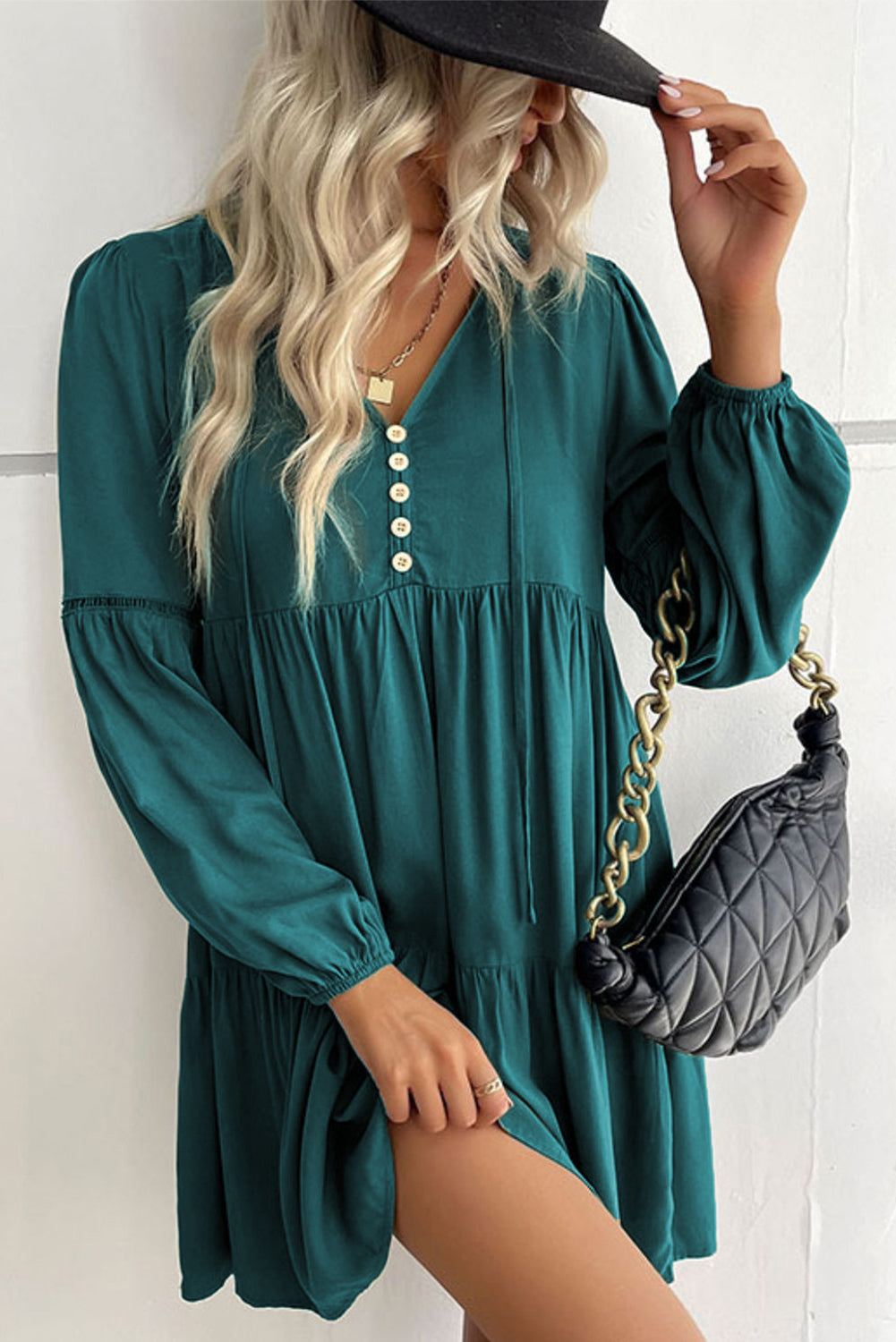 Sea Green Lace Puff Sleeve Buttoned Tiered Ruffled Mini Dress