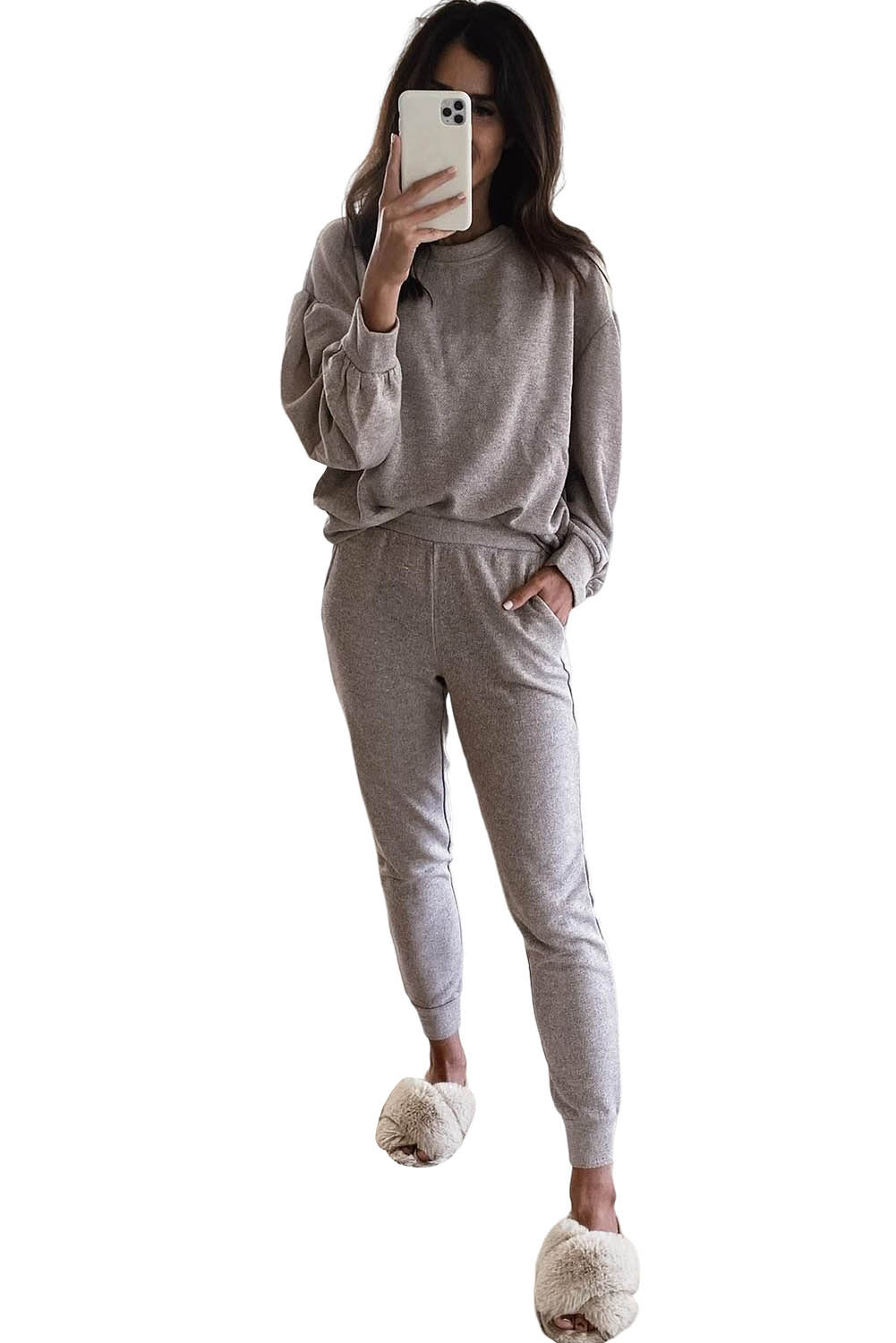 Gray Long Puff Sleeve Top Pocketed Casual Two Piece Set